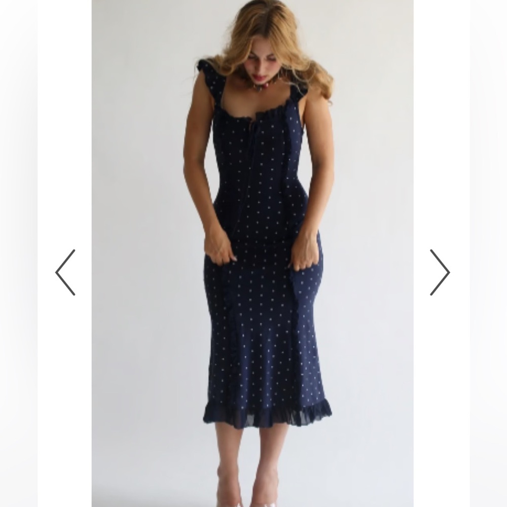 Wild Rose & Sparrow Desirée Dress in Bardot Navy Polka Dots